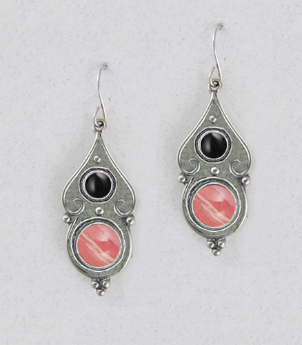 Sterling Silver Gothic Look With Rhodocrosite And Black Onyx Gemstone Drop Dangle Earrings